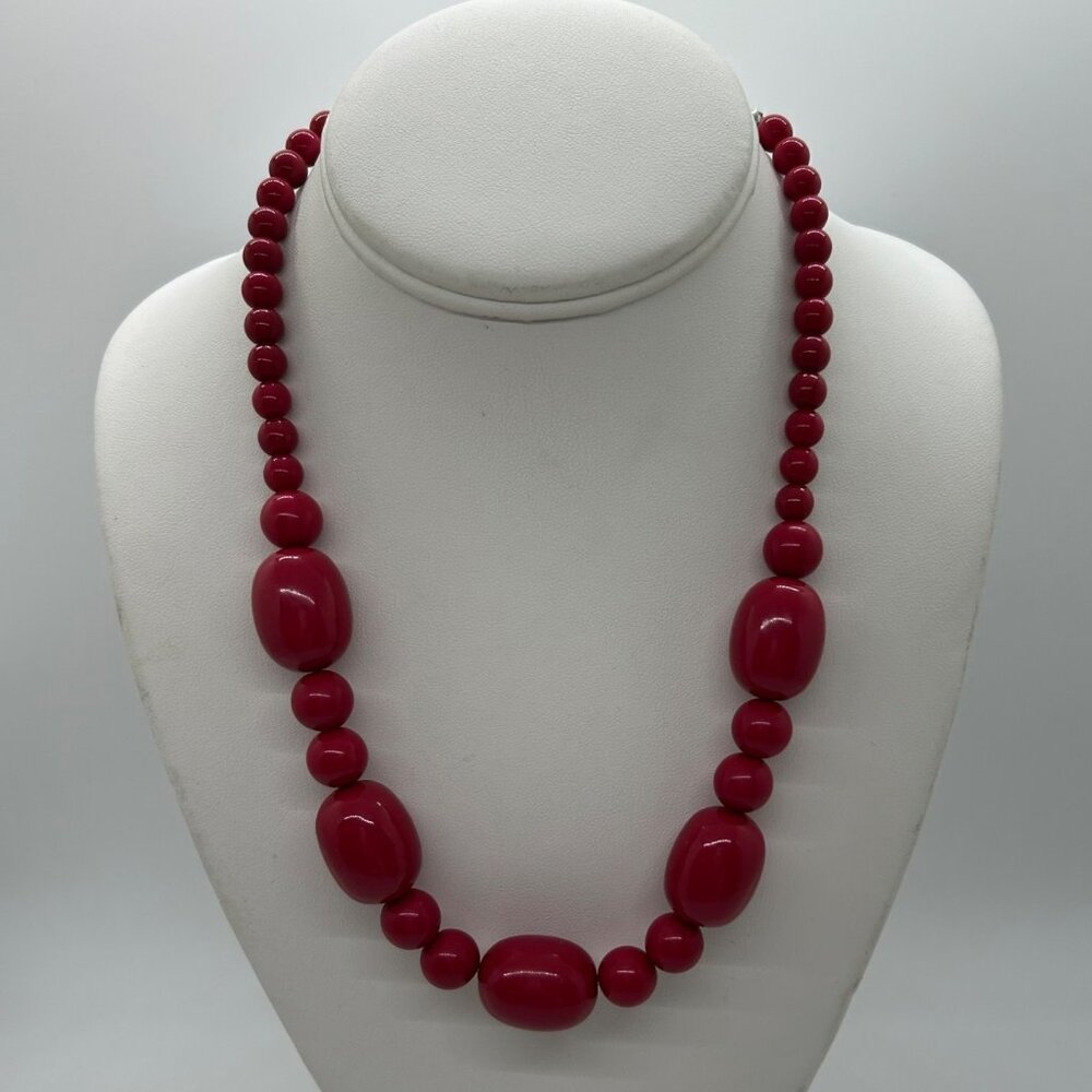 Pink Acrylic Beaded Necklace Oval Round Beads Glow Under UV Light 20" Statement
